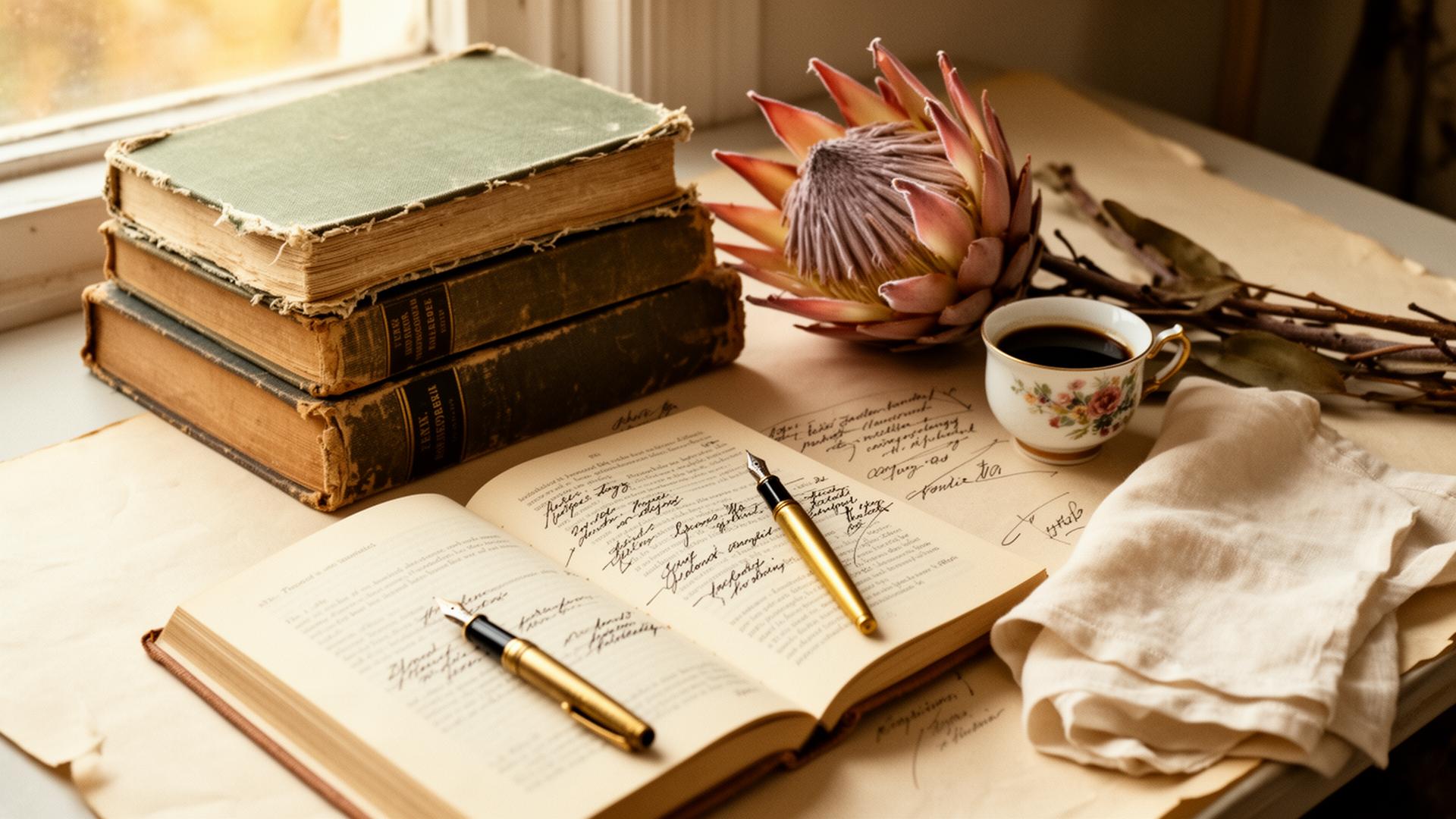 A stack of vintage books, an open novel with handwritten notes, a fountain pen, and a king protea on a paper-strewn desk